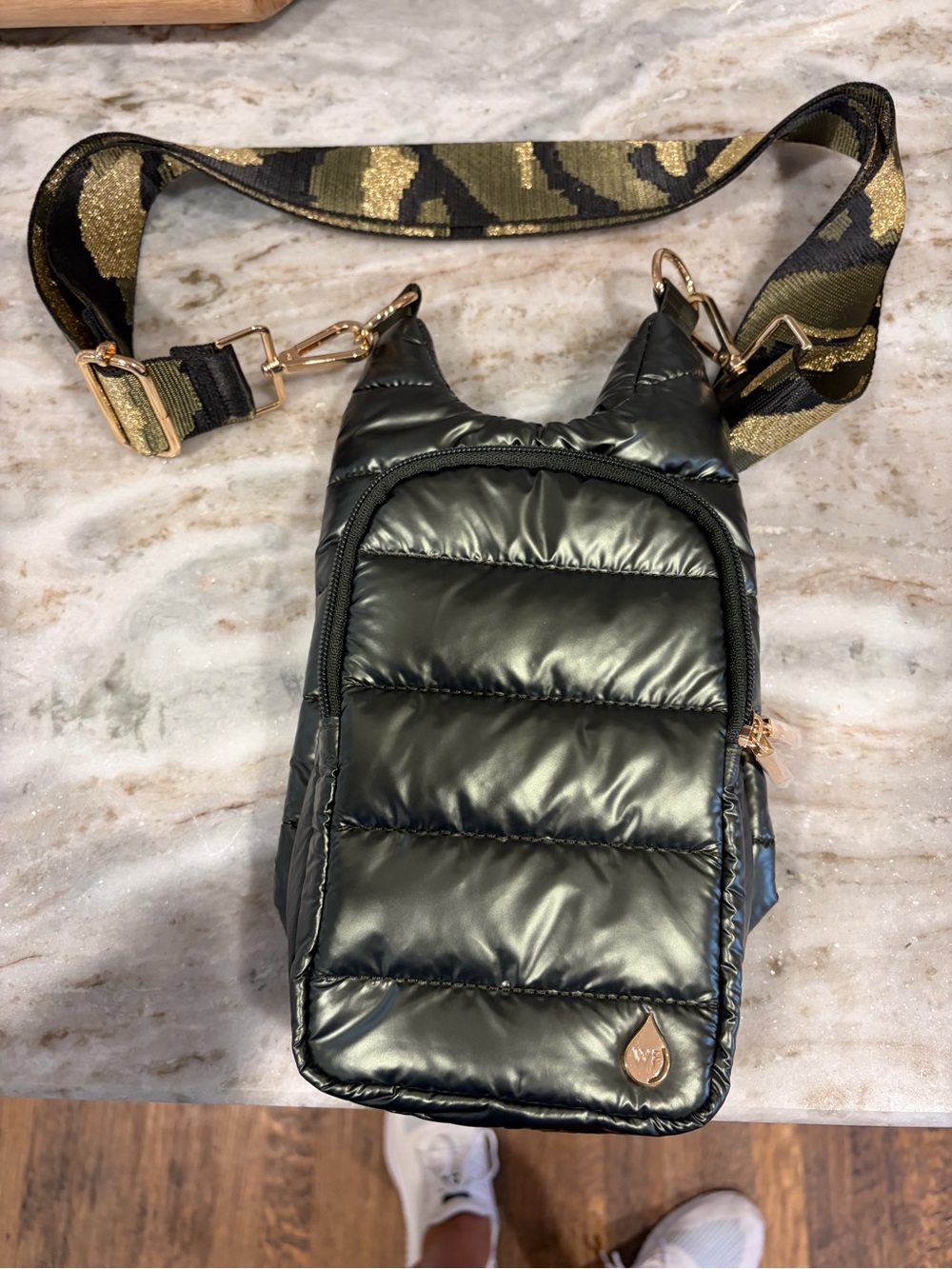 WanderFull HydroBag Metallic Green Puffer Crossbody Gold Camo Strap.
